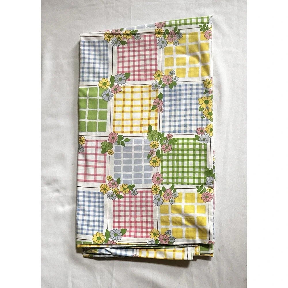 VTG Flat Sheet 70's Cannon Monticello Colorful Patchwork Gingham Floral 90x104